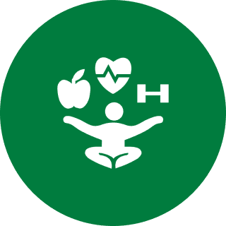 Wellness icons: apple, heart, dumbbell, meditation.