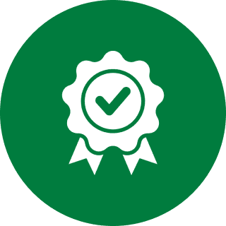 Checkmark badge icon on green circle.