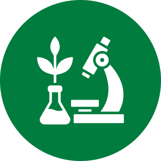 Plant science icon with microscope and flask.