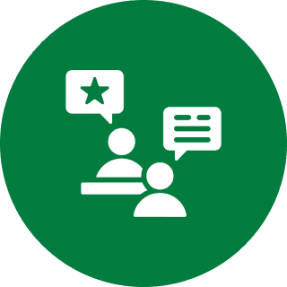 Two figures with speech bubbles, green background.